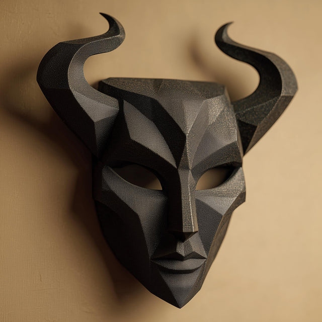 3D printed dark fantasy horned mask wall decor with sharp geometric facial planes and curved horns, mounted on a warm neutral wall.