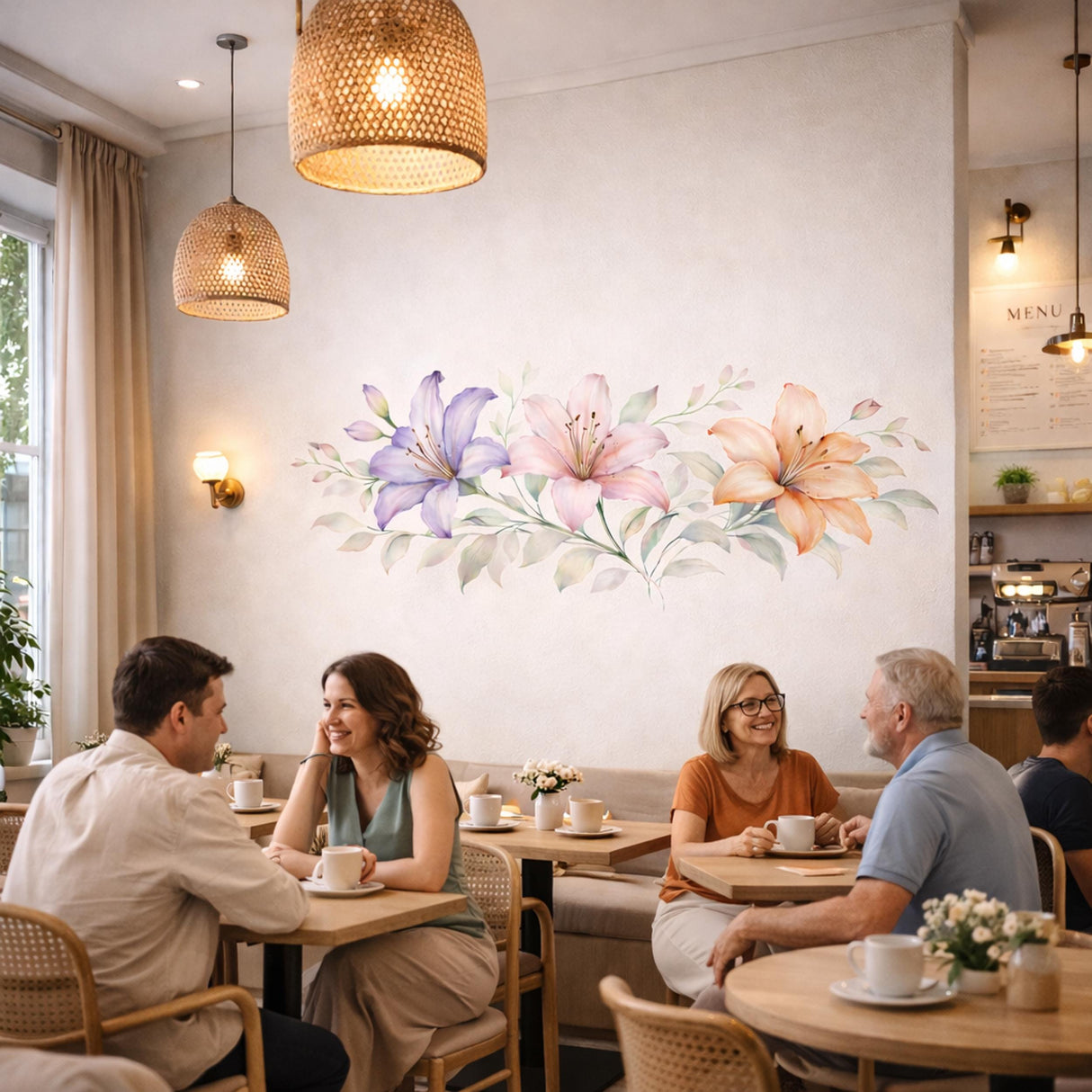 Lily Flower Wall Decal | Watercolor Floral Border | Pink and Purple Lily Art | Horizontal Botanical Mural | Nursery Wall Sticker