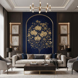 Gold Orchid Wall Decal | Navy Blue Floral Mural | Luxury Botanical Sticker | Elegant Arched Wall Art | Modern Glam Home Decor