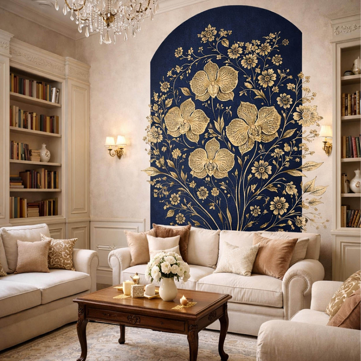 Gold Orchid Wall Decal | Navy Blue Floral Mural | Luxury Botanical Sticker | Elegant Arched Wall Art | Modern Glam Home Decor