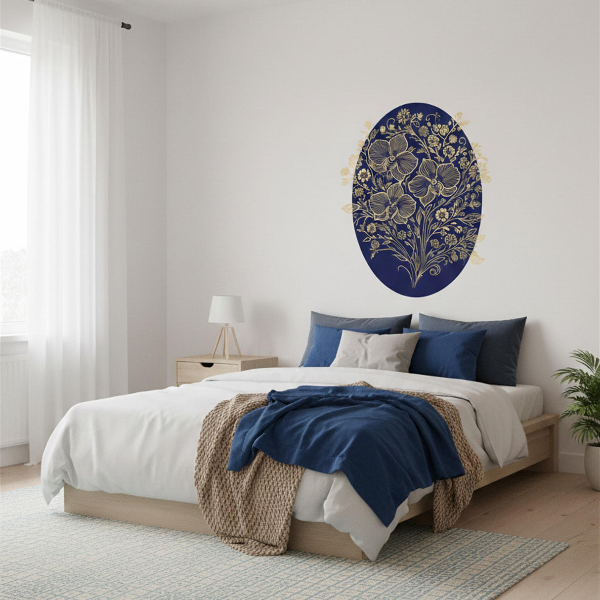 Gold Filigree Orchid Decal | Navy Blue Floral Mural | Ornate Botanical Wall Art | Luxury Gold Flower Sticker | Traditional Navy Home Decor