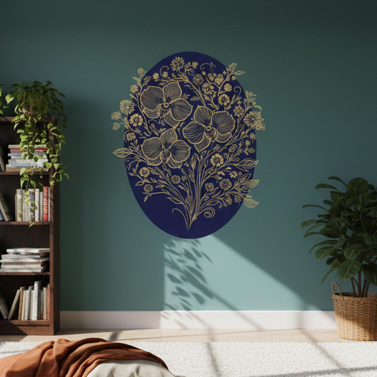 Gold Filigree Orchid Decal | Navy Blue Floral Mural | Ornate Botanical Wall Art | Luxury Gold Flower Sticker | Traditional Navy Home Decor