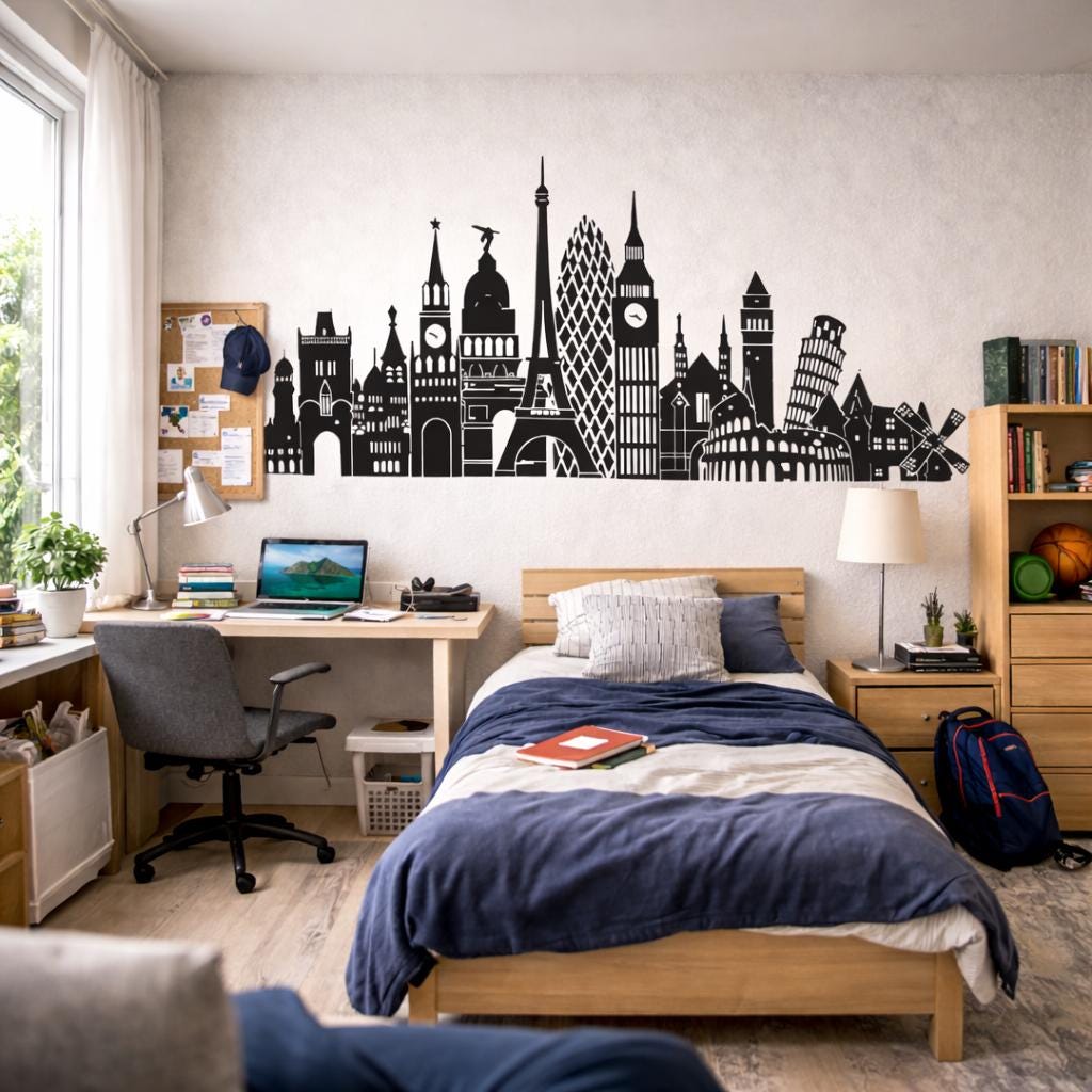 Europe Skyline Decal | Iconic Landmark Art | Travel Wall Decor | Eiffel Tower Big Ben | Colosseum Wall Mural | World Traveler Gift