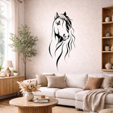 A minimalist black-and-white line art illustration of a horse's head. The horse faces slightly toward the viewer with a long, wavy mane flowing downward. The design consists of thin, elegant black lines on a clean white background.