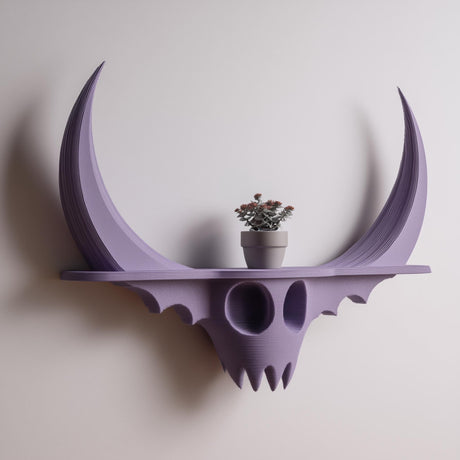 3D printed dark fantasy skull wall shelf with curved horns and sculptural gothic form, mounted on a light neutral interior wall.