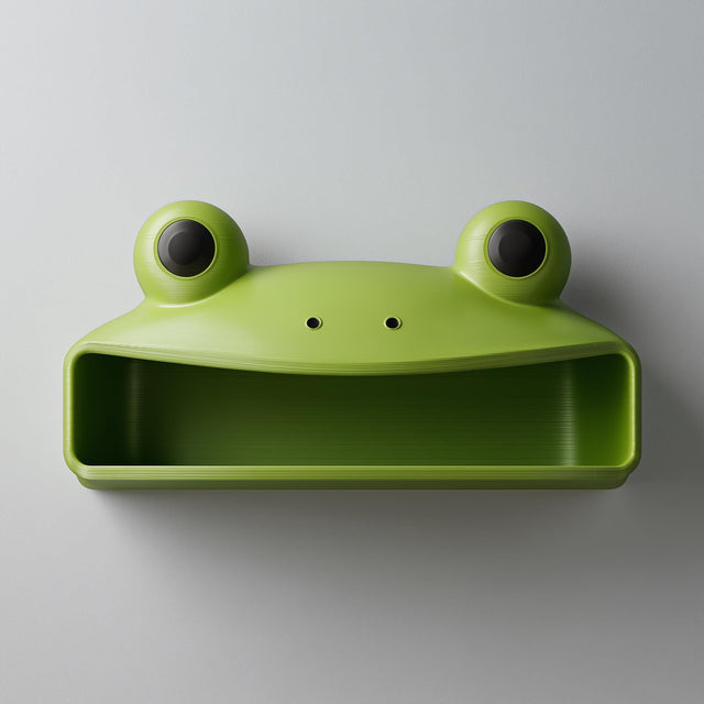 3D printed cute frog wall shelf with big round eyes and open storage compartment, mounted on a light modern interior wall.
