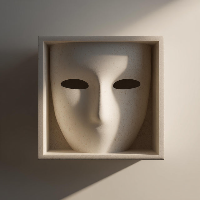 3D printed minimalist wall shelf with abstract human face mask design set inside a square frame, mounted on a textured neutral interior wall.