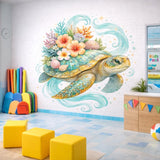 Sea Turtle Wall Decal | Tropical Floral Wall Sticker | Coastal Nursery Decor | Ocean Life Vinyl Art | Bathroom Wall Decor | Hibiscus Turtle