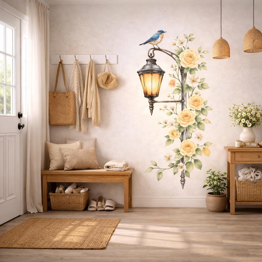 Floral Street Lamp Decal | Yellow Rose Wall Art | Watercolor Lantern Sticker | Vintage Garden Mural | Shabby Chic Flower Decor