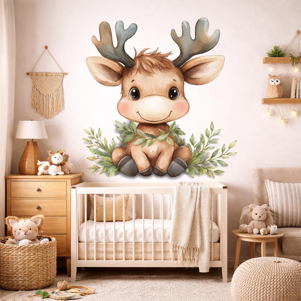 Baby Reindeer Wall Decal | Watercolor Woodland Nursery Decor | Cute Deer Sticker | Forest Animal Mural | Whimsical Reindeer Print