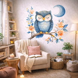 Sleeping Owl Wall Decal | Watercolor Nursery Art | Blue Owl Moon Sticker | Floral Branch Wall Mural | Baby Girl Boy Room Decor