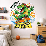 Skateboarding T-Rex Decal | Stay Crazy Dinosaur Sticker | Cool T-Rex Wall Art | Skater Dino Graphic | Retro 90s Streetwear Mural