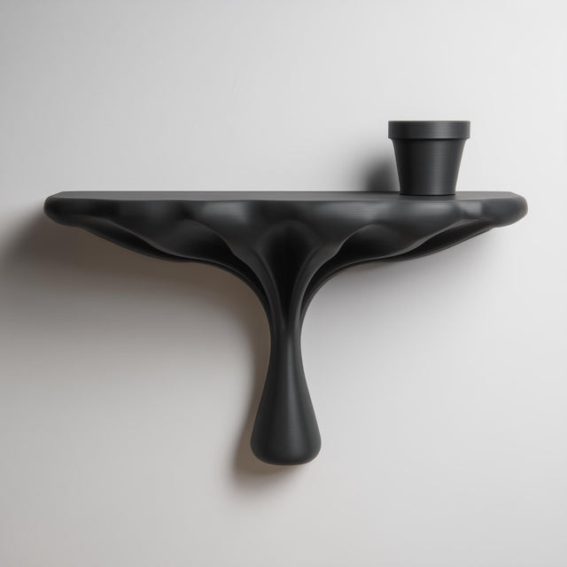 3D printed modern organic wall shelf with smooth sculptural support and matte black finish, mounted on a light minimalist interior wall.