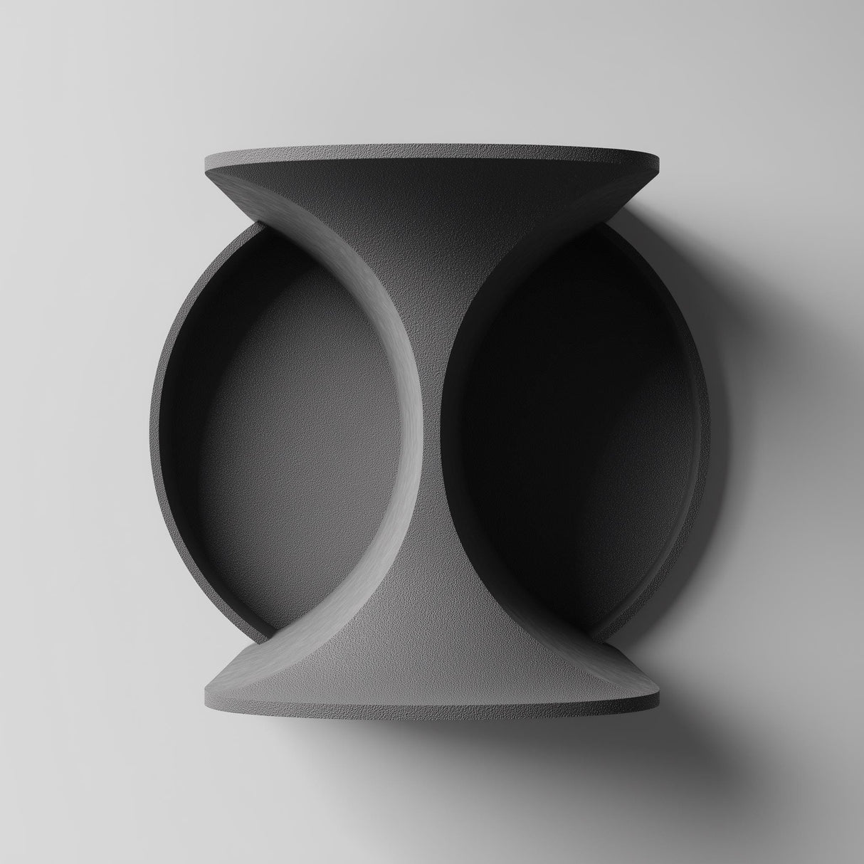 3D printed wall mounted shelf with a sculptural hourglass center and two circular recessed trays, minimalist geometric design, visible print texture on a clean wall.