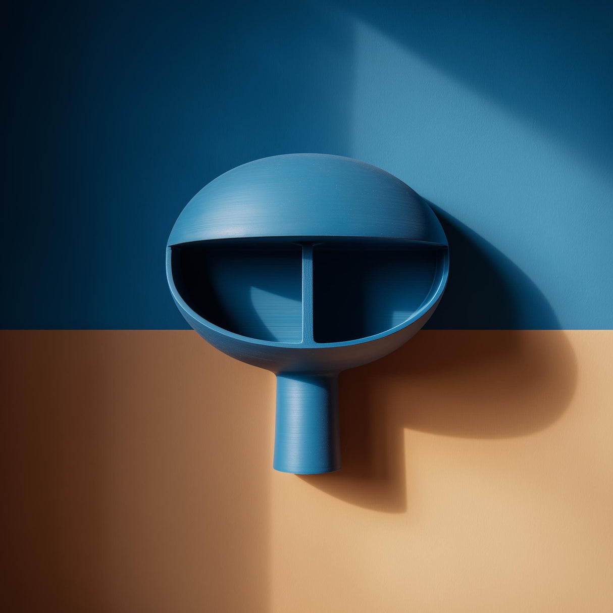 3D printed dome niche wall shelf with two split compartments and a small stem-like support, minimalist floating wall display mounted in warm natural light.