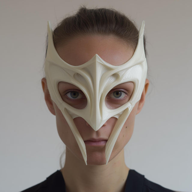3D printed fantasy sculptural face mask with winged horn tips and elongated fang-like cheek points, open eye cutouts, worn in a clean studio portrait.