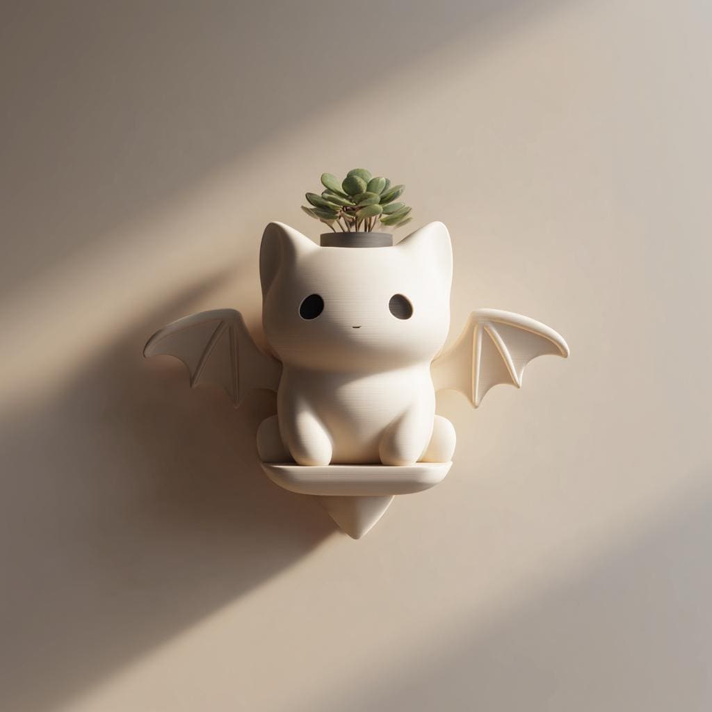Cute Bat Cat Wall Planter Shelf | 3D Printed Kawaii Hanging Plant Holder | Fantasy Animal Wall Decor for Nursery and Modern Interiors