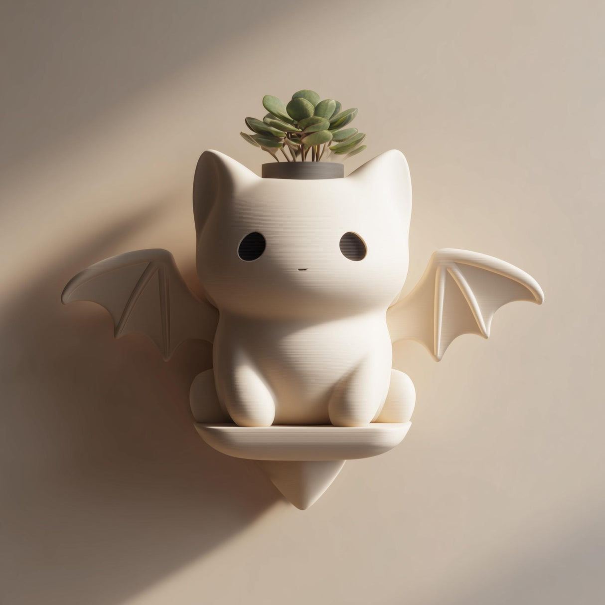 3D printed kawaii bat cat wall planter shelf in matte cream PLA, mounted on a warm neutral wall and holding a small succulent plant.