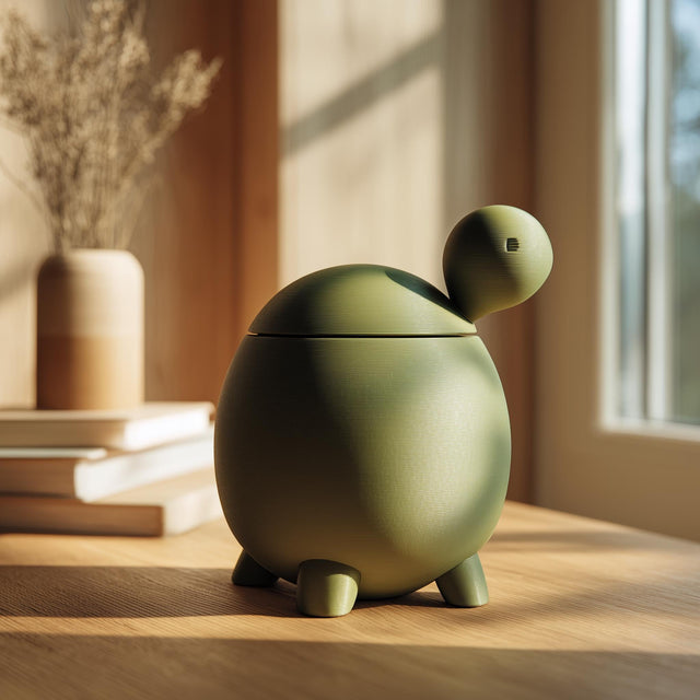 3D printed turtle-shaped pet ashes urn in matte olive green PLA with visible print texture, sitting on a wooden table near a bright window with warm decor.