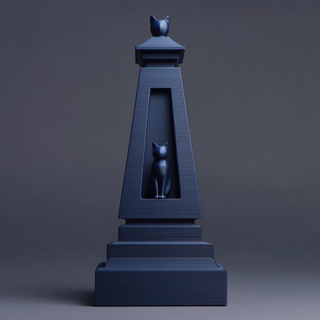 Matte blue 3D printed obelisk-style pet ashes urn with a recessed window showing a small cat figure, minimalist studio grey background, visible print texture.