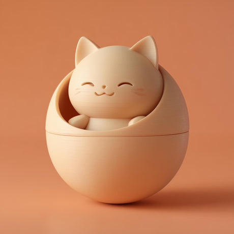 3D printed kawaii cat pet ashes urn with a smiling cat figure nested in a rounded orb container, visible print texture, clean studio background.