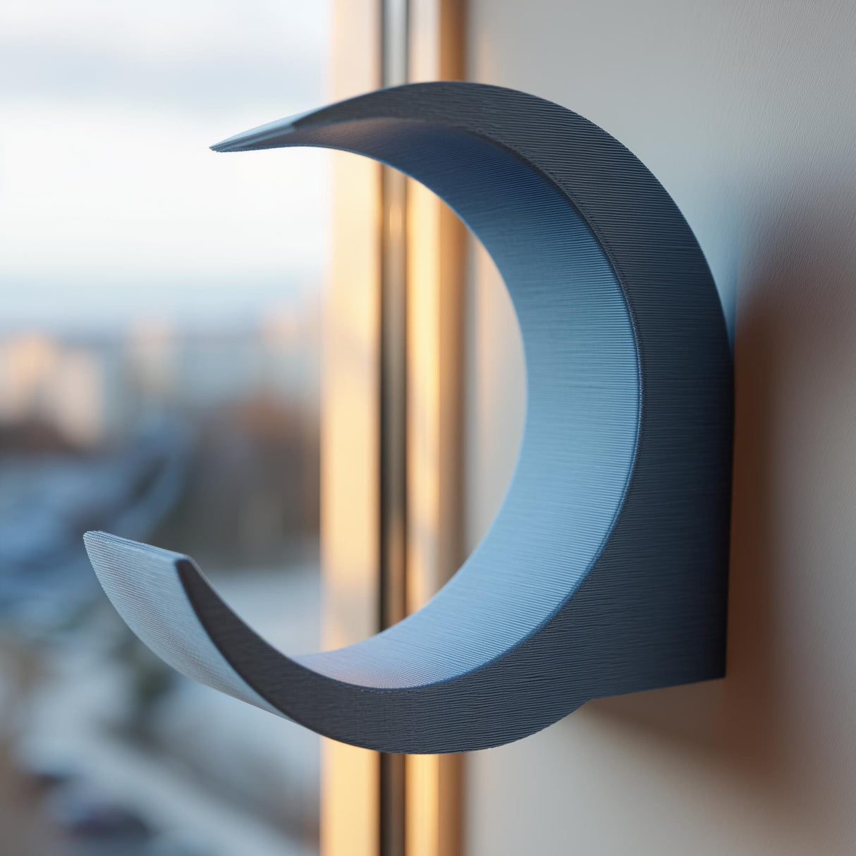 3D printed crescent moon wall mounted shelf with a smooth curved lunar silhouette and visible print texture, photographed near a window with soft daylight.