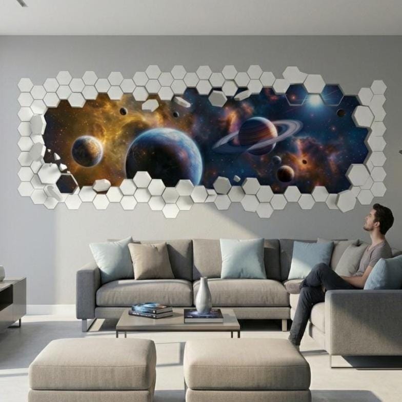 A horizontal 3D wall decal featuring a broken wall effect. The "outer" layer consists of white hexagonal tiles, some of which are floating as if broken off. The "opening" reveals a vibrant space scene with a large blue planet, a ringed Saturn-like planet, several smaller moons, and a colorful orange and blue nebula.