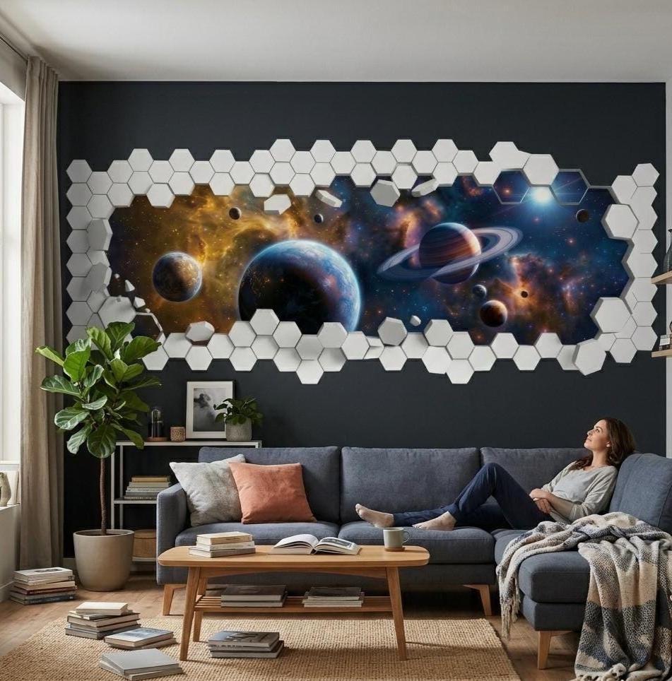 3D Space Wall Vinyl Decal | Galaxy Planets Broken Wall Illusion Sticker | Hexagon Honeycomb Frame Wall Art | Kids Room Sci Fi Decor