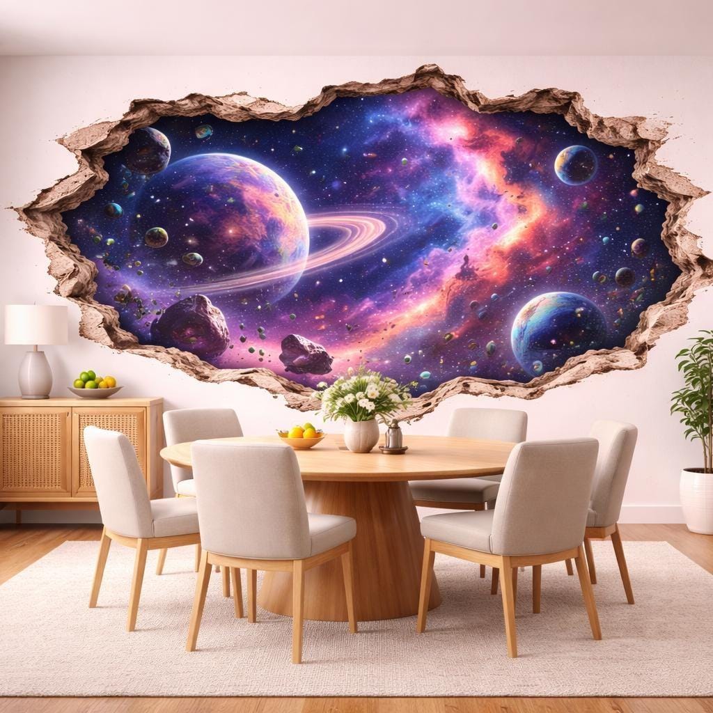 3D Space Galaxy Wall Decal | Cracked Wall Planet Nebula Sticker | Outer Space Wall Art for Bedroom | Peel and Stick Vinyl | Removable Decals