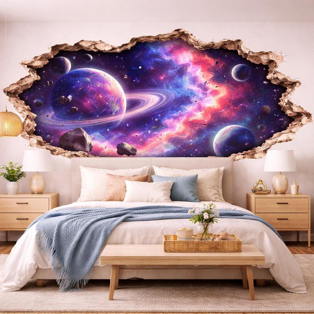 3D Space Galaxy Wall Decal | Cracked Wall Planet Nebula Sticker | Outer Space Wall Art for Bedroom | Peel and Stick Vinyl | Removable Decals