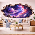 Torn wall opening effect revealing a colorful purple and blue galaxy with a large ringed planet, smaller moons, bright nebula clouds, stars, and rocky edges.