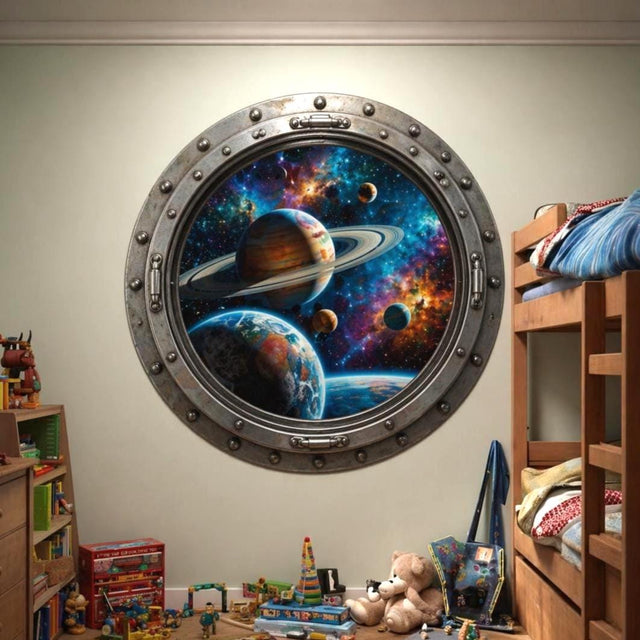 Round spaceship porthole wall vinyl decal showing a colorful galaxy scene with planets and stars, creating a 3D window illusion.