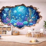 3D Underwater Wall Vinyl Decal | Jellyfish Coral Reef Broken Wall Illusion Sticker | Ocean Aquarium Wall Art | Kids Room Bathroom Decor