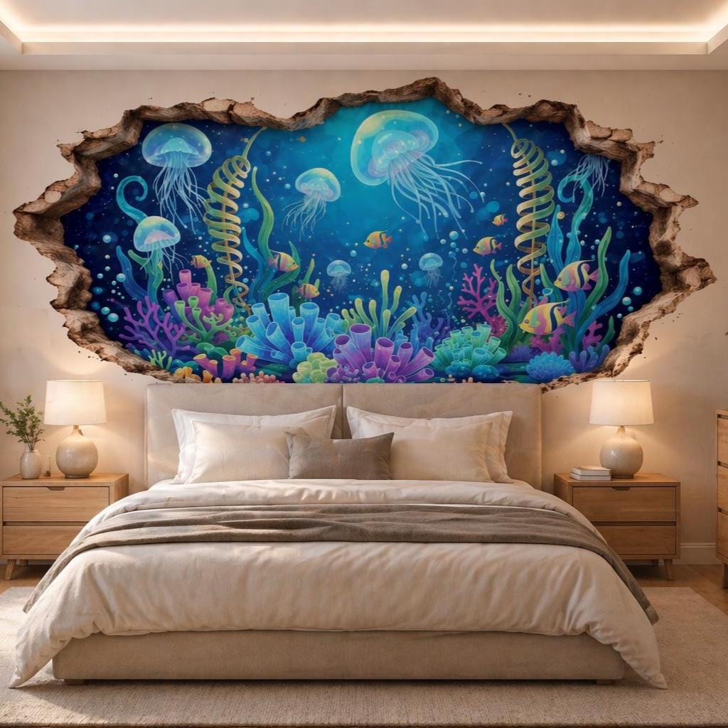 3D Underwater Wall Vinyl Decal | Jellyfish Coral Reef Broken Wall Illusion Sticker | Ocean Aquarium Wall Art | Kids Room Bathroom Decor