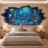 3D Underwater Wall Vinyl Decal | Jellyfish Coral Reef Broken Wall Illusion Sticker | Ocean Aquarium Wall Art | Kids Room Bathroom Decor