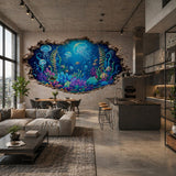 3D Underwater Wall Vinyl Decal | Jellyfish Coral Reef Broken Wall Illusion Sticker | Ocean Aquarium Wall Art | Kids Room Bathroom Decor