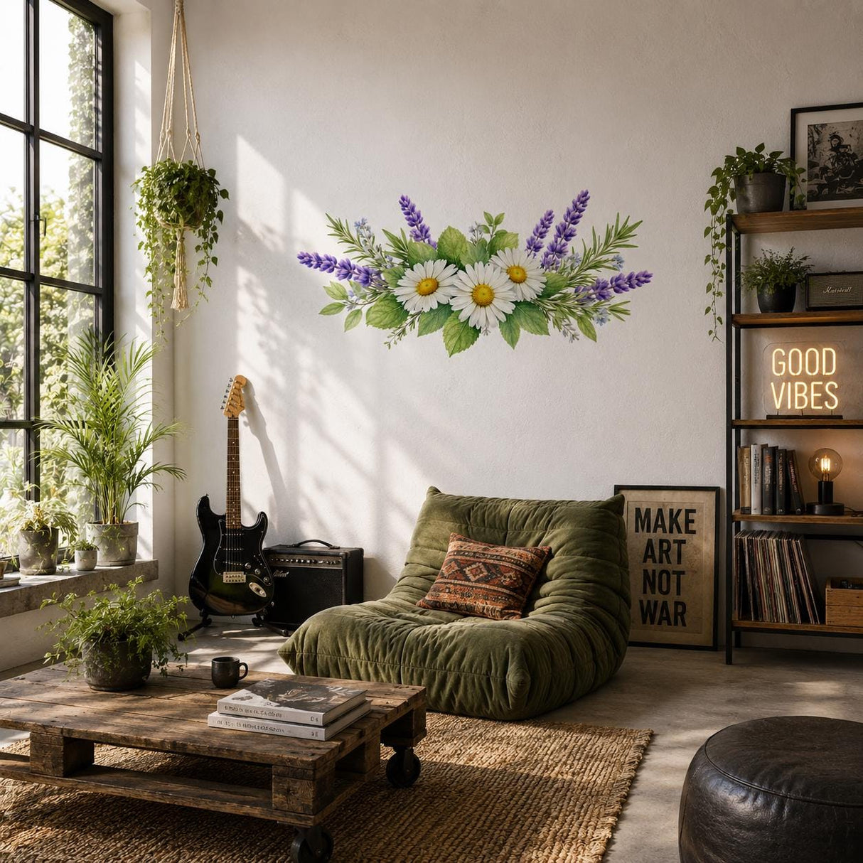 Daisy Lavender Wall Vinyl Decal | Watercolor Floral Bouquet Sticker | Rustic Farmhouse Kitchen Wall Art | Botanical Spring Decor