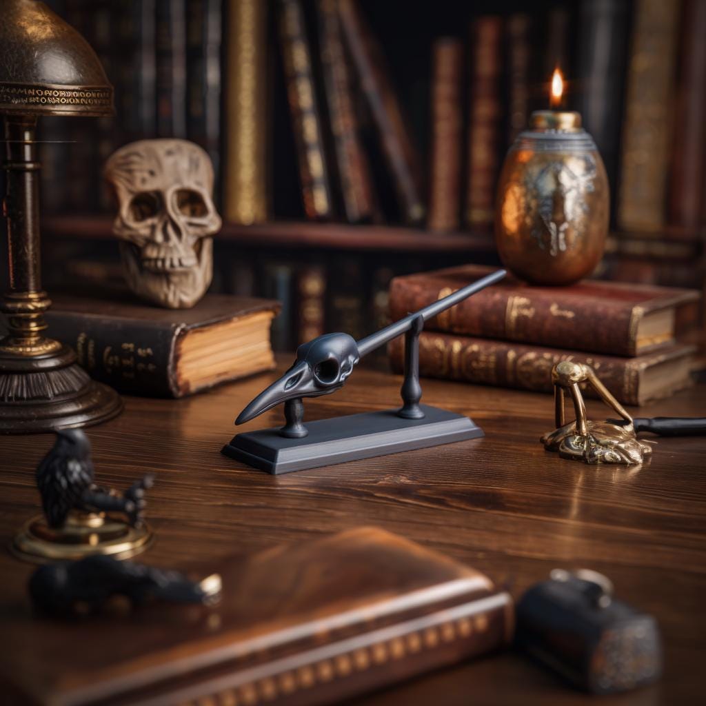 Raven Skull Magic Wand with Stand | 3D Printed Fantasy Wizard Wand Prop for Cosplay | Gothic Collector Decor Accessory for Adults