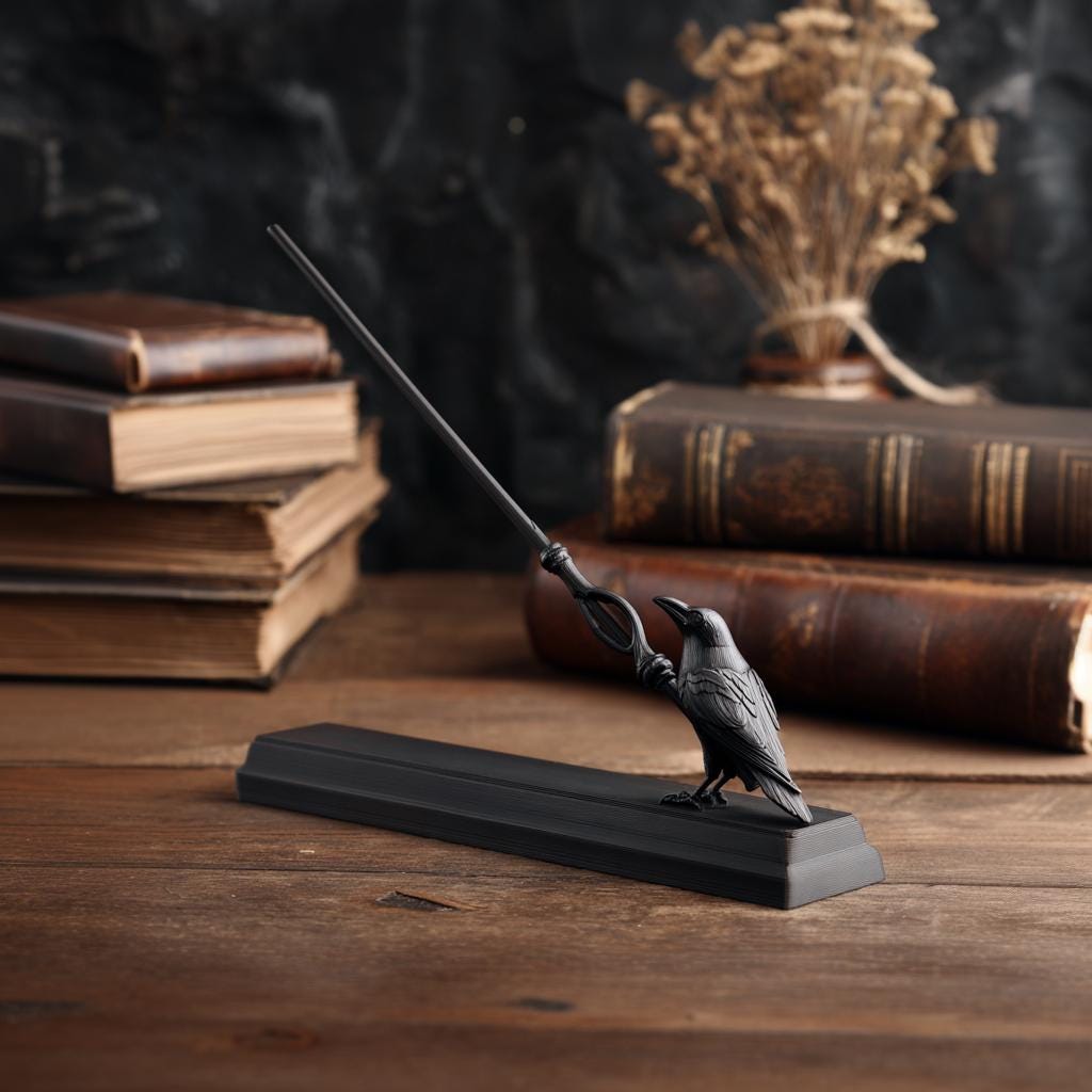 Raven Magic Wand with Display Stand | 3D Printed Fantasy Wizard Wand Prop for Cosplay | Gothic Collector Desk Decor Piece