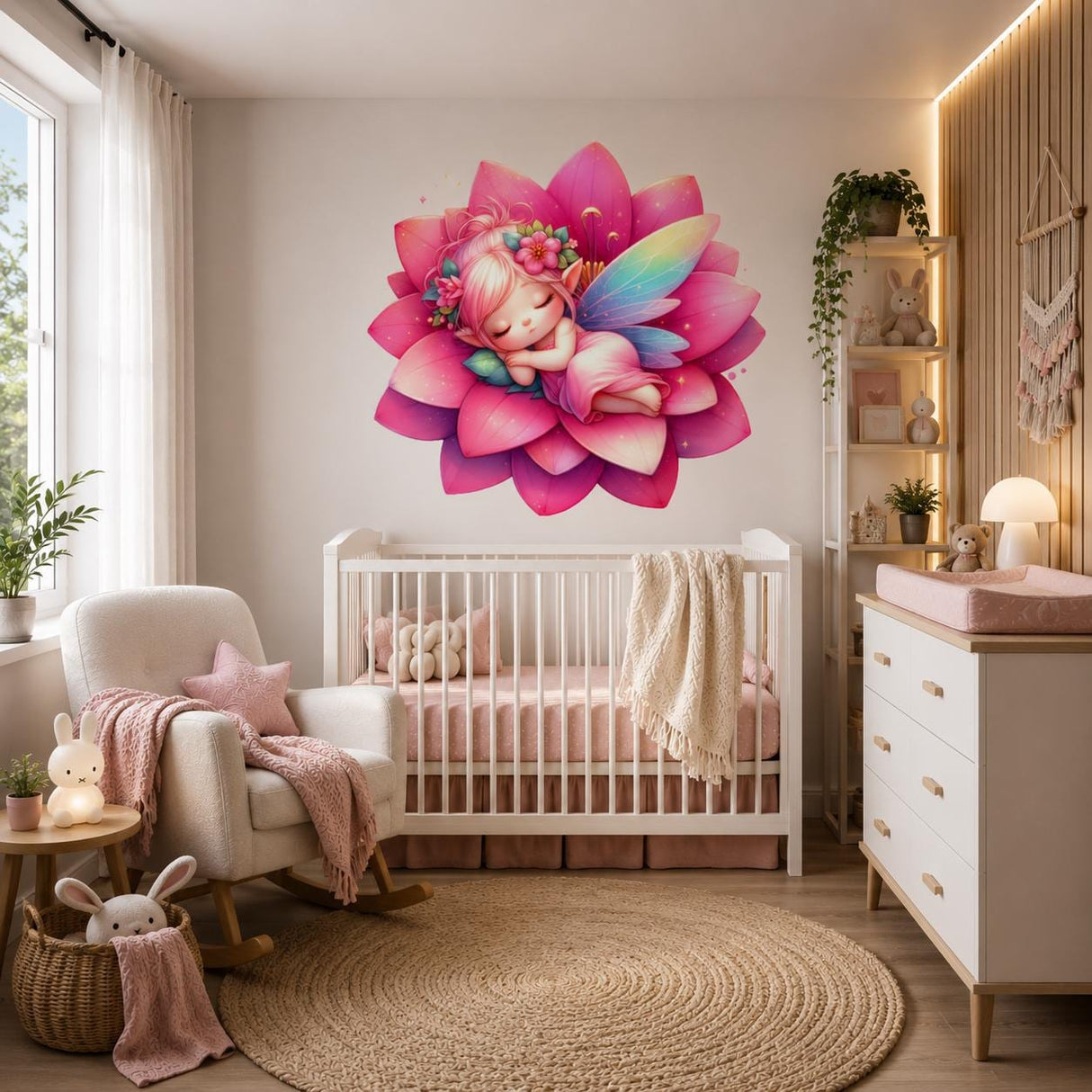 Sleeping Fairy Wall Vinyl Decal | Cute Pink Lotus Flower Fairy Sticker | Nursery Bedroom Wall Art | Whimsical Baby Girl Room Decor