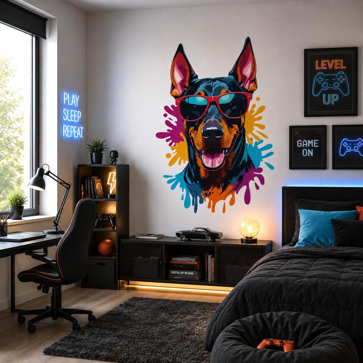 Cool Doberman Wall Vinyl Decal | Dog With Sunglasses Sticker | Color Splash Pop Art Wall Decor | Pet Lover Gift | Modern Kids Room Art