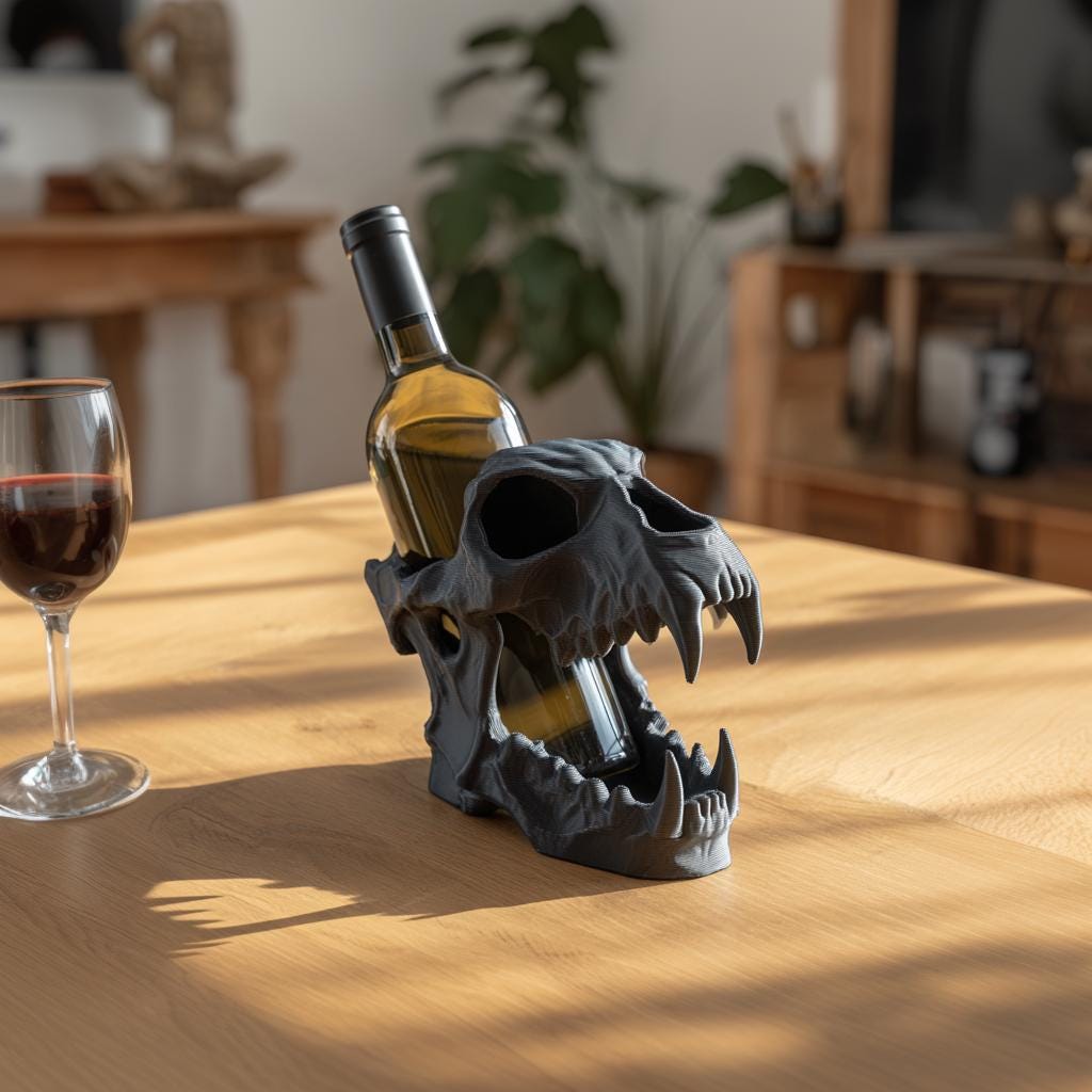 Skull Wine Bottle Holder | 3D Printed Gothic Skull Wine Rack Display for Standard Bottles | Dark Bar Shelf Decor Accent