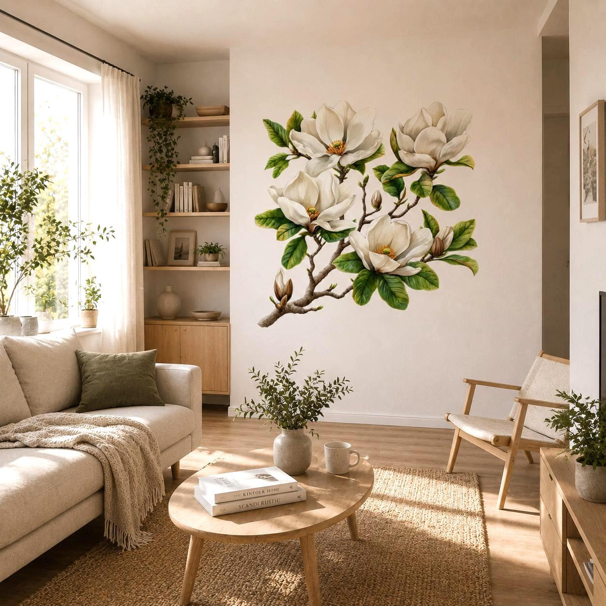 White Magnolia Branch Wall Vinyl Decal | Watercolor Floral Sticker | Botanical Wall Art | Farmhouse Cottage Bedroom Living Room Decor