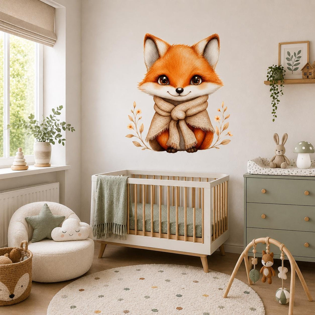 Cute Fox Wall Vinyl Decal | Watercolor Baby Fox Sticker With Scarf | Woodland Nursery Wall Art | Kids Room Cottage Boho Decor