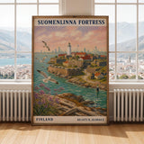 Suomenlinna Fortress Art Print - Modern Gouache, Teal and Turquoise Seascape