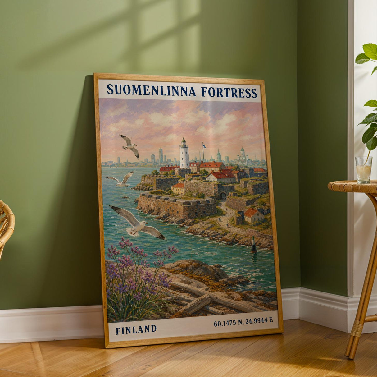 Suomenlinna Fortress Art Print - Modern Gouache, Teal and Turquoise Seascape
