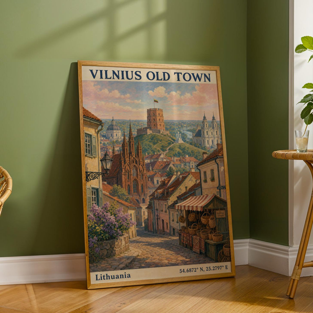 Vilnius Old Town Art Print - Modern Gouache-Vintage, Navy Blue and Terracotta Orange