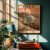 Oslo Harbor Travel Poster | Vintage Norway Wall Art Print | Navy Blue Cream Sailboat Cityscape | Scandinavian Coastal Decor | Travel Gift