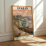 Oslo Harbor Travel Poster | Vintage Norway Wall Art Print | Navy Blue Cream Sailboat Cityscape | Scandinavian Coastal Decor | Travel Gift