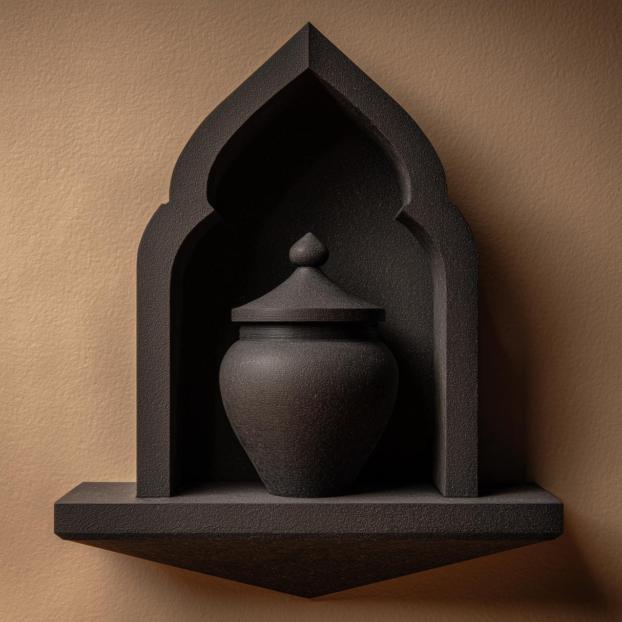 3D printed gothic wall mounted memorial shelf with decorative urn in matte PLA featuring dark fantasy arch design on warm interior wall.